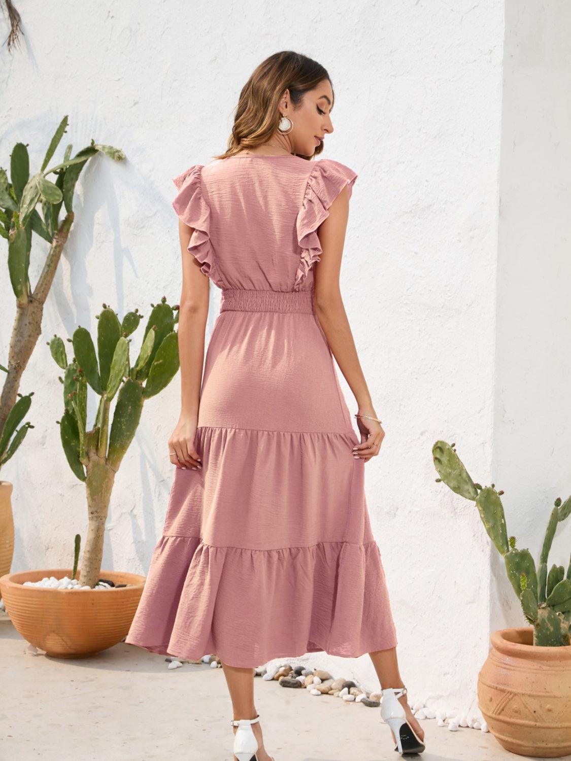 Tiered Ruffled V-Neck Dress in 5 Colors - Olive Ave