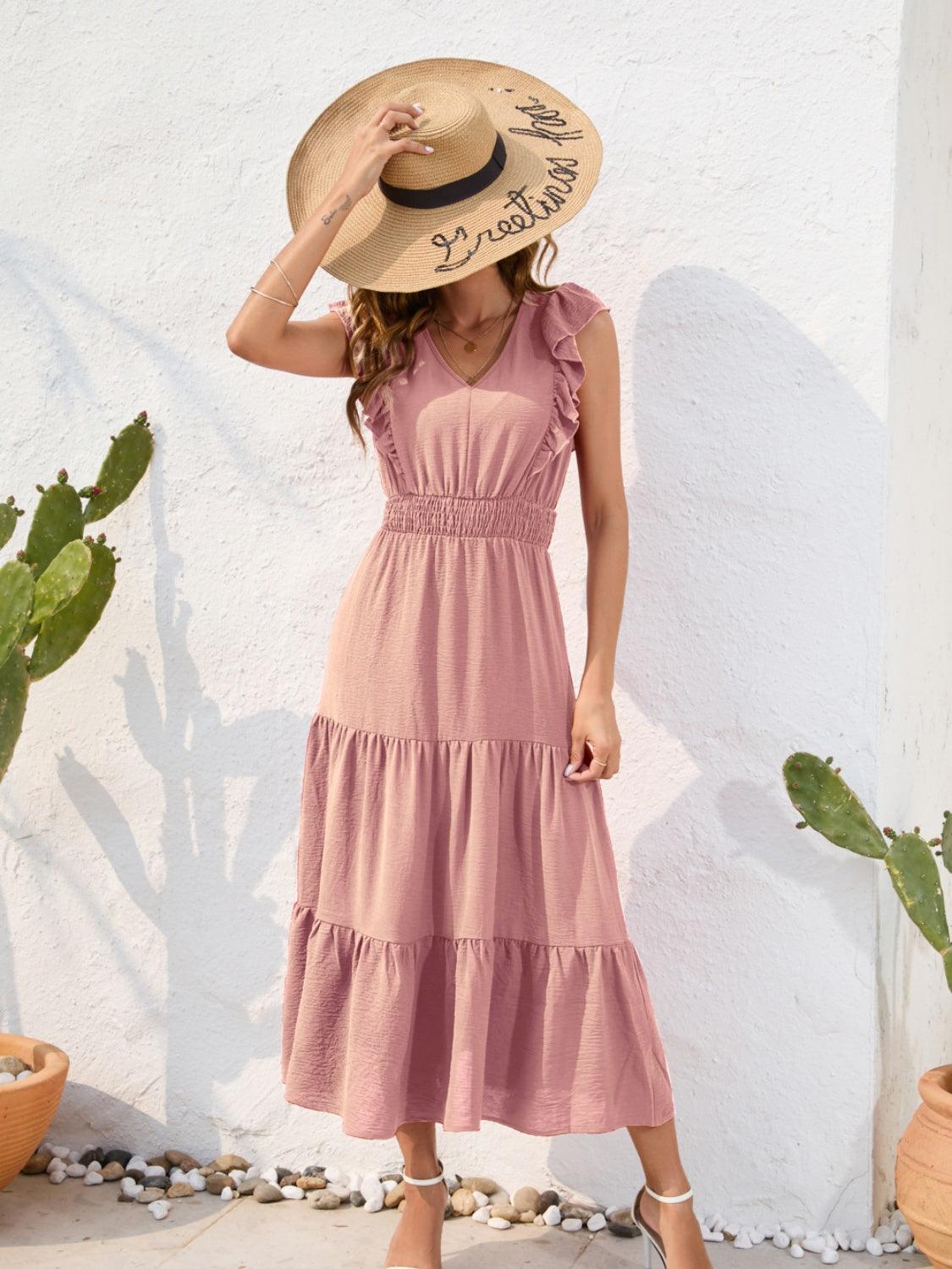 Tiered Ruffled V-Neck Dress in 5 Colors - Olive Ave