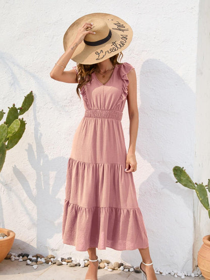 Tiered Ruffled V-Neck Dress in 5 Colors - Olive Ave