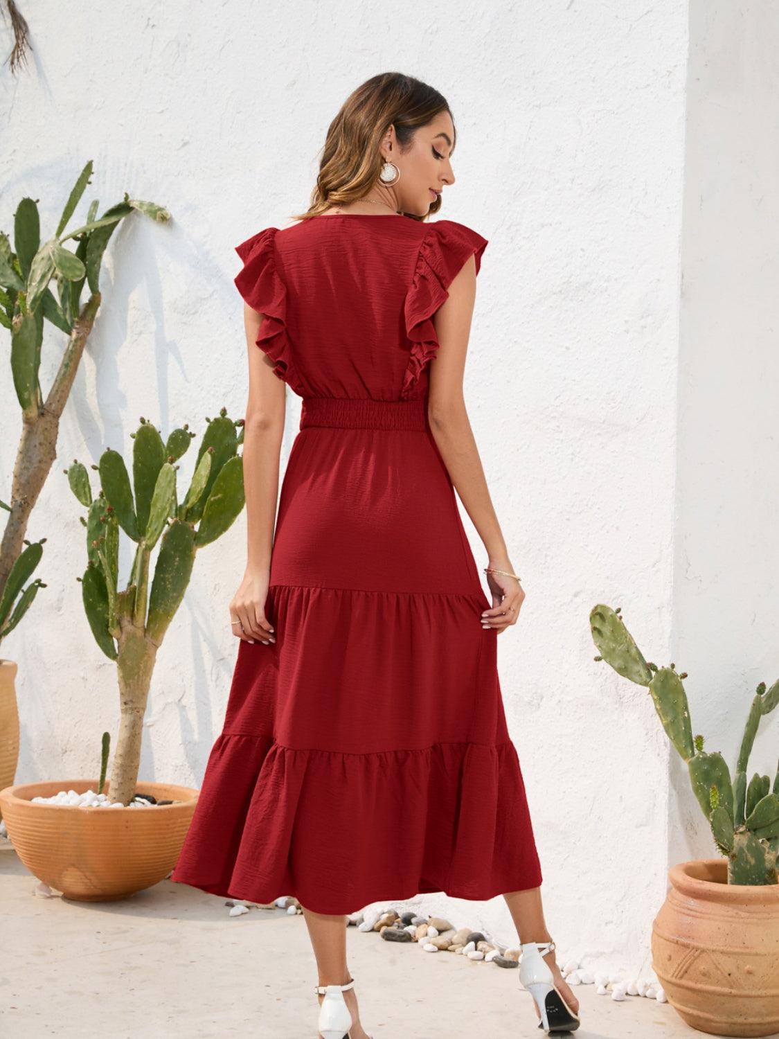 Tiered Ruffled V-Neck Dress in 5 Colors - Olive Ave