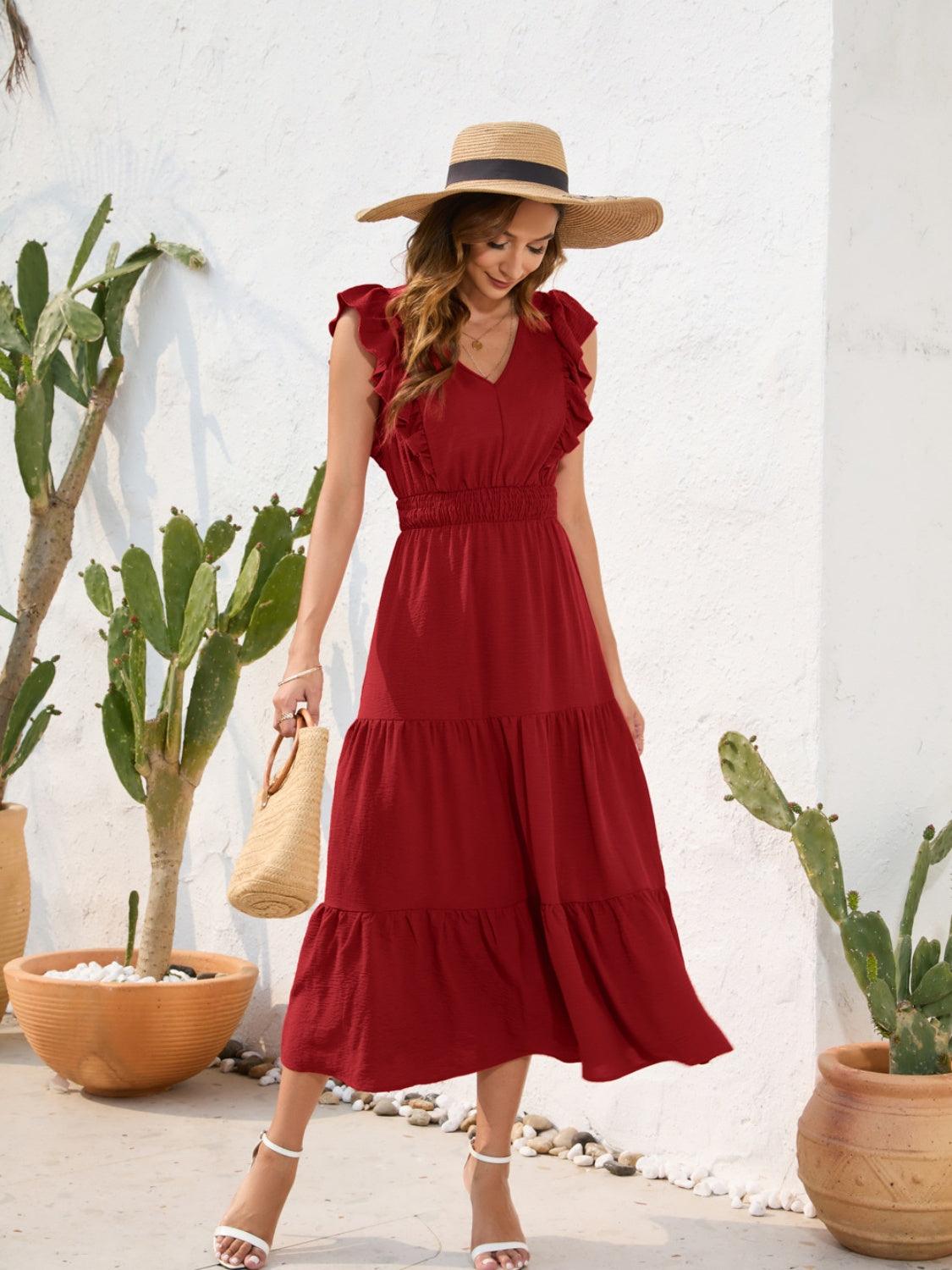 Tiered Ruffled V-Neck Dress in 5 Colors - Olive Ave