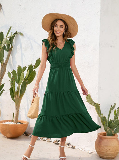 Tiered Ruffled V-Neck Dress in 5 Colors - Olive Ave