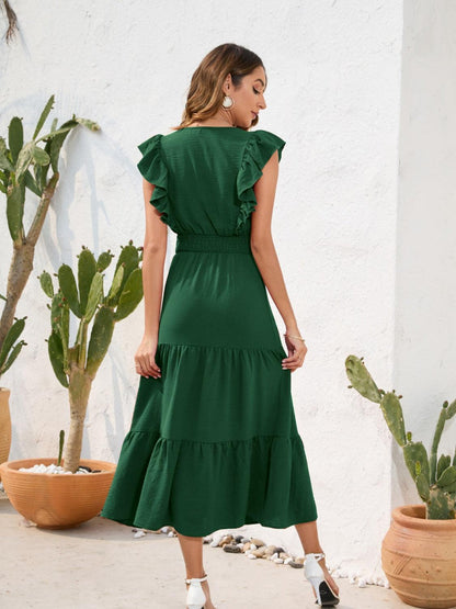 Tiered Ruffled V-Neck Dress in 5 Colors - Olive Ave