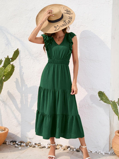 Tiered Ruffled V-Neck Dress in 5 Colors - Olive Ave