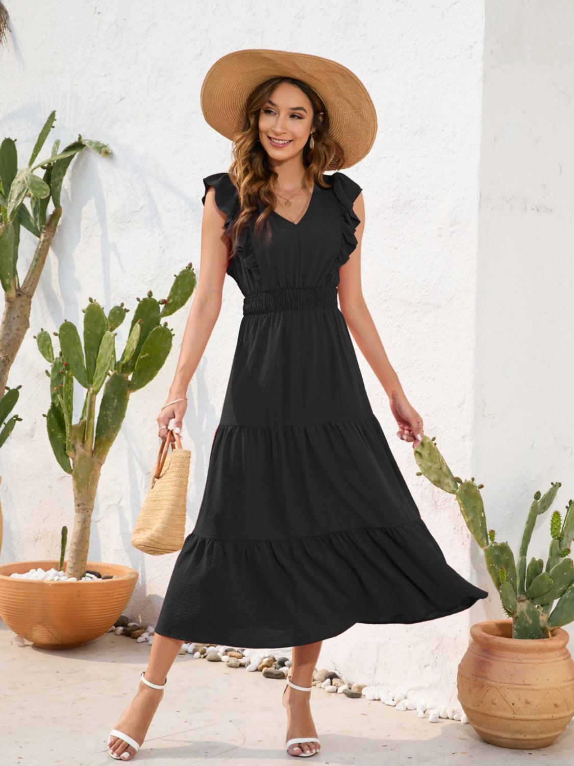 Tiered Ruffled V-Neck Dress in 5 Colors - Olive Ave