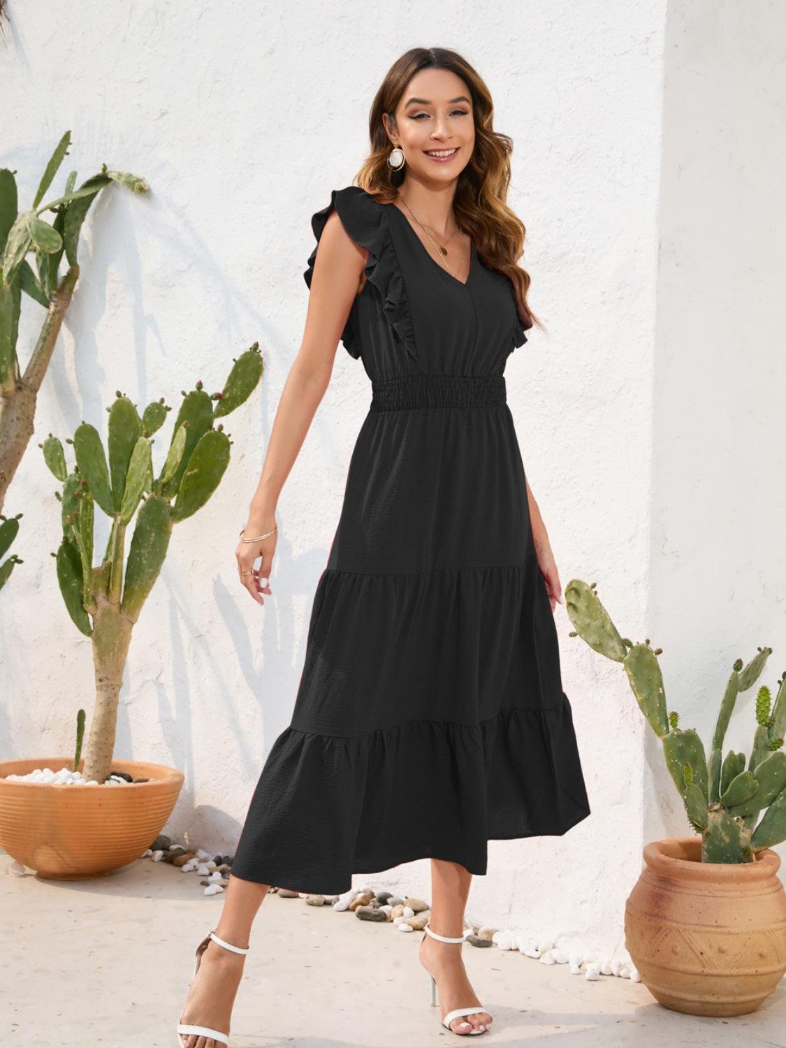 Tiered Ruffled V-Neck Dress in 5 Colors - Olive Ave
