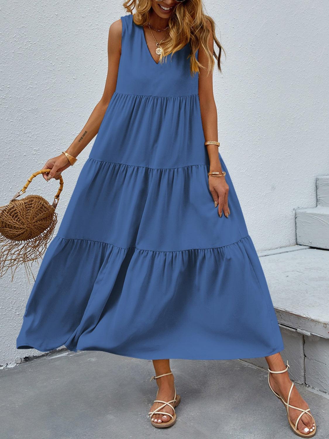 Tiered V-Neck Sleeve Dress in 10 Colors - Olive Ave