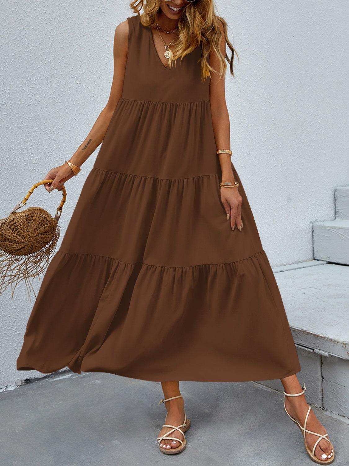 Tiered V-Neck Sleeve Dress in 10 Colors - Olive Ave