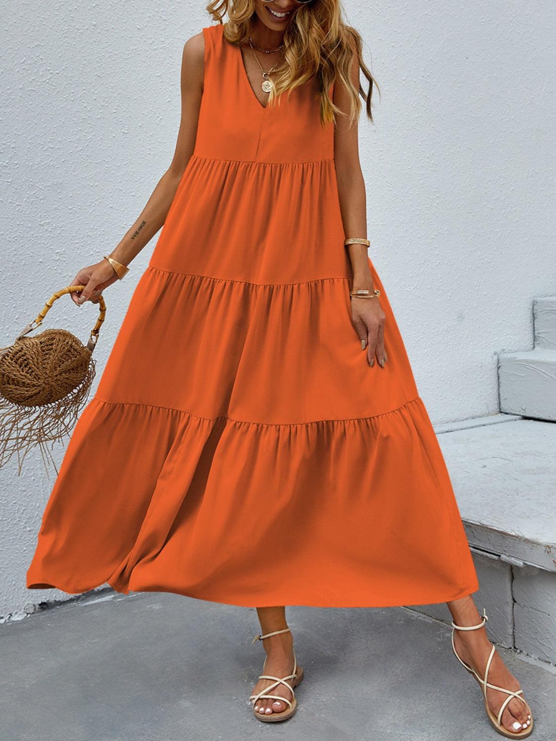 Tiered V-Neck Sleeve Dress in 10 Colors - Olive Ave