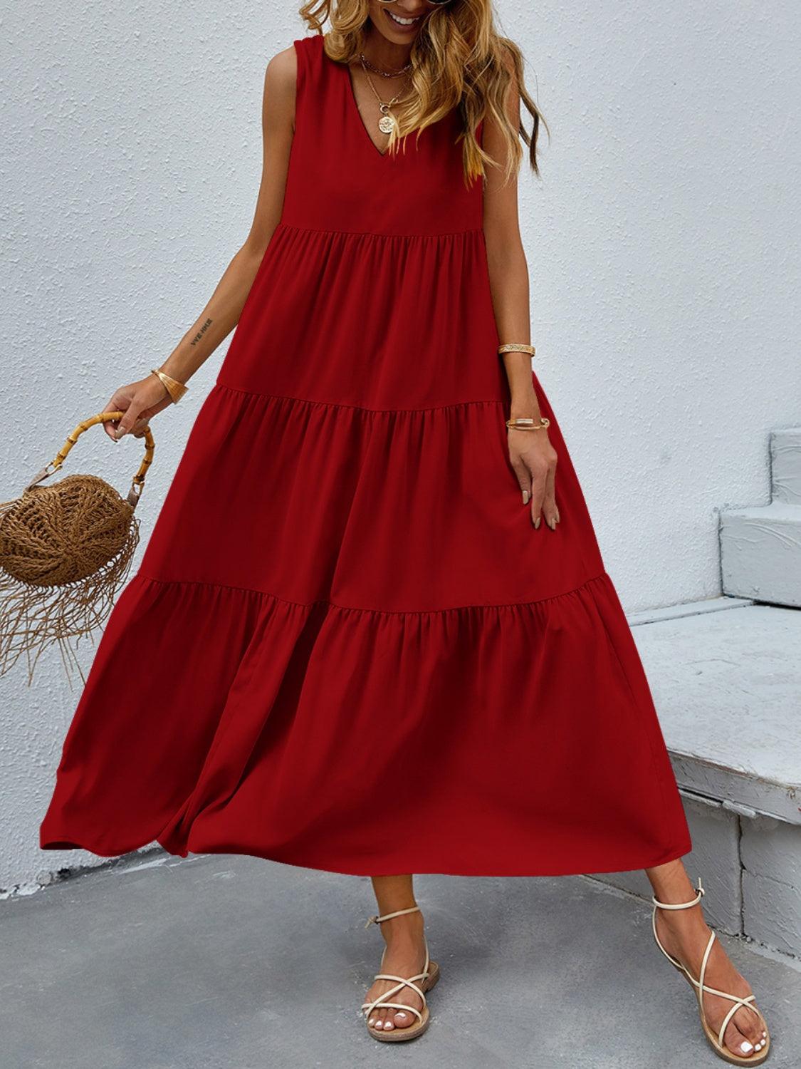 Tiered V-Neck Sleeve Dress in 10 Colors - Olive Ave