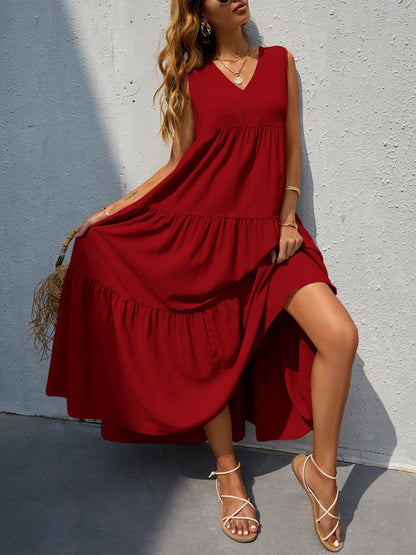 Tiered V-Neck Sleeve Dress in 10 Colors - Olive Ave