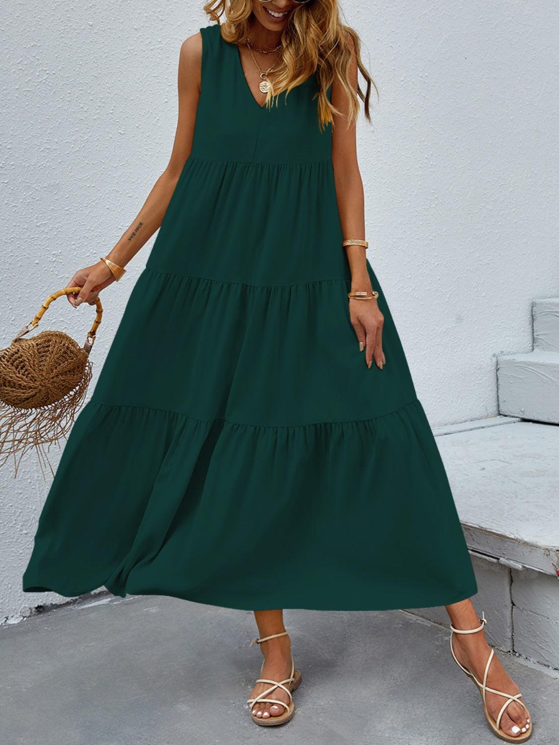 Tiered V-Neck Sleeve Dress in 10 Colors - Olive Ave