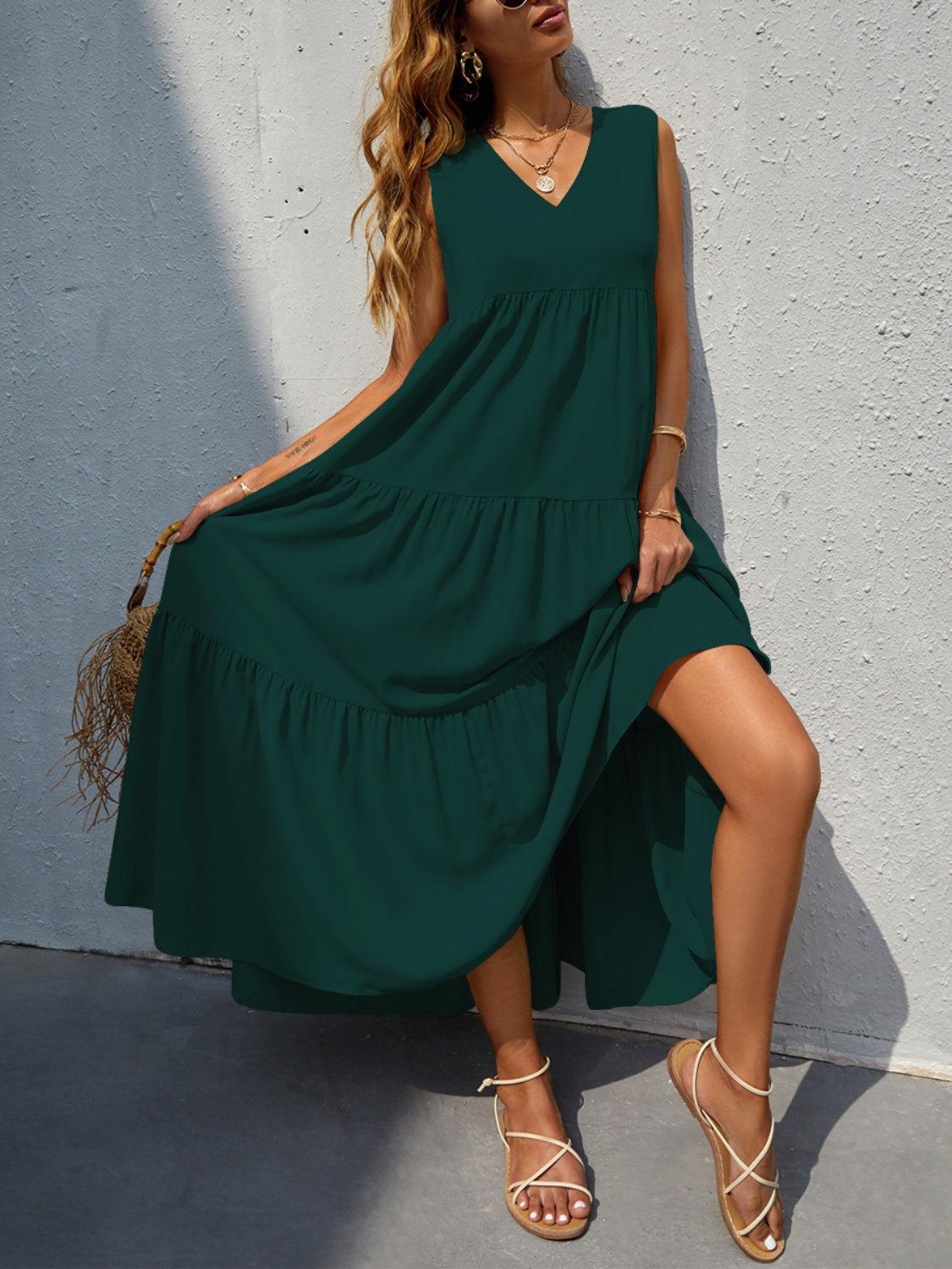 Tiered V-Neck Sleeve Dress in 10 Colors - Olive Ave