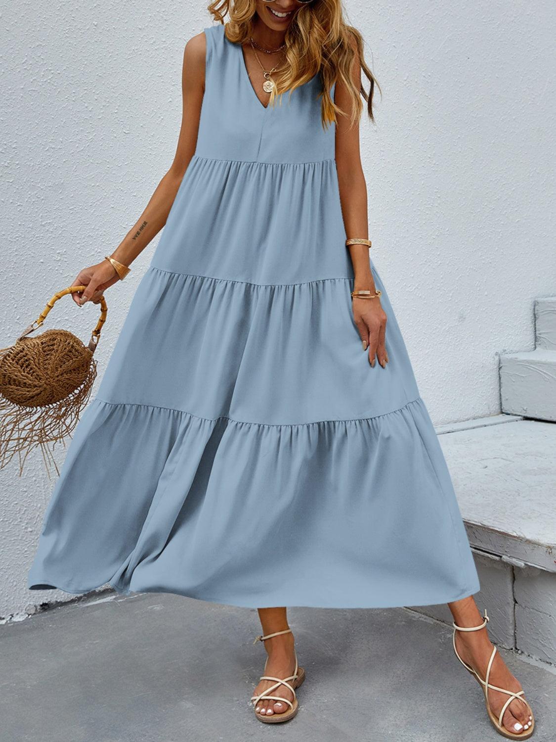 Tiered V-Neck Sleeve Dress in 10 Colors - Olive Ave