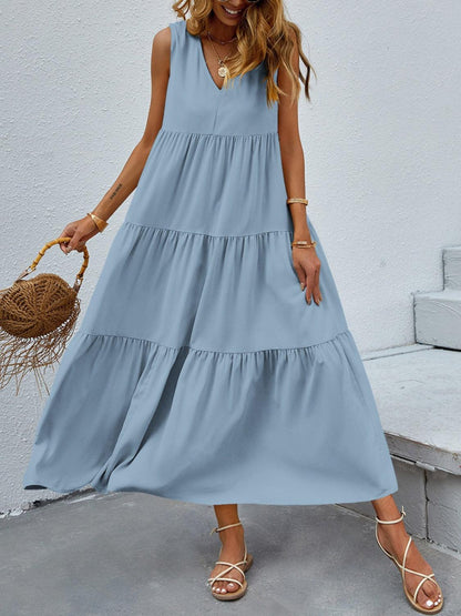 Tiered V-Neck Sleeve Dress in 10 Colors - Olive Ave