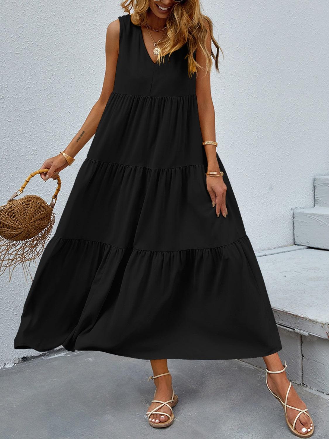 Tiered V-Neck Sleeve Dress in 10 Colors - Olive Ave