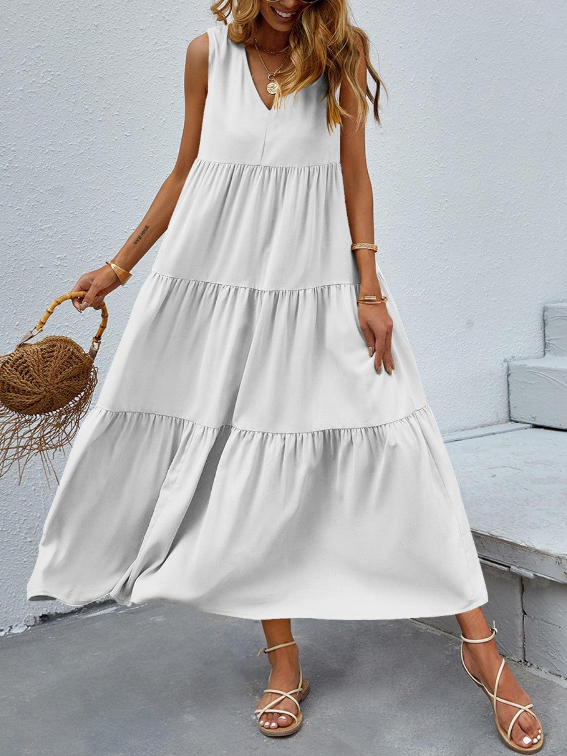 Tiered V-Neck Sleeve Dress in 10 Colors - Olive Ave