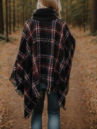 Turtleneck Plaid Raw Hem Sweater Poncho - Olive Ave