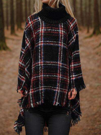 Turtleneck Plaid Raw Hem Sweater Poncho - Olive Ave