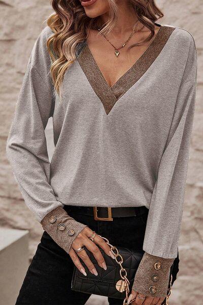 V-Neck Dropped Shoulder Blouse - Olive Ave