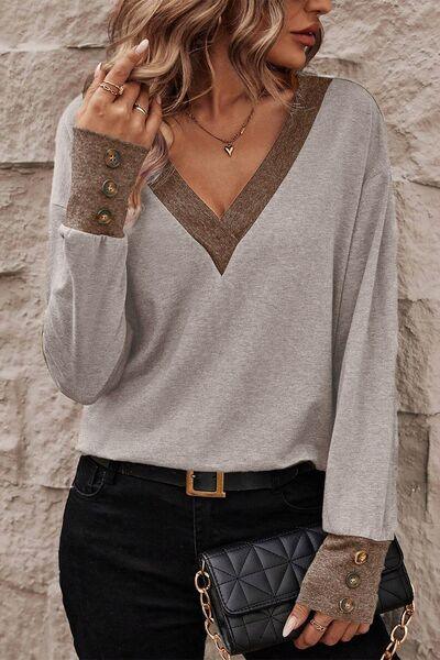 V-Neck Dropped Shoulder Blouse - Olive Ave