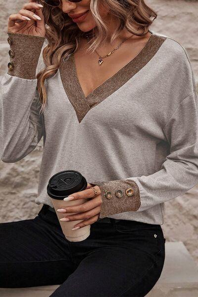 V-Neck Dropped Shoulder Blouse - Olive Ave