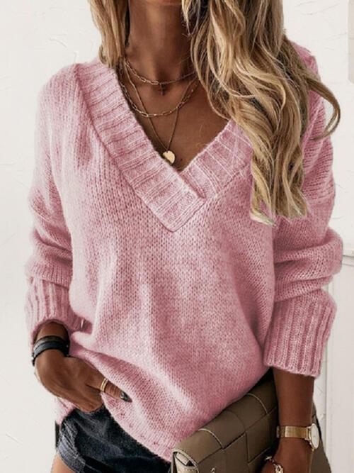 V-Neck Long Sleeve Knit Top in 7 Colors - Olive Ave