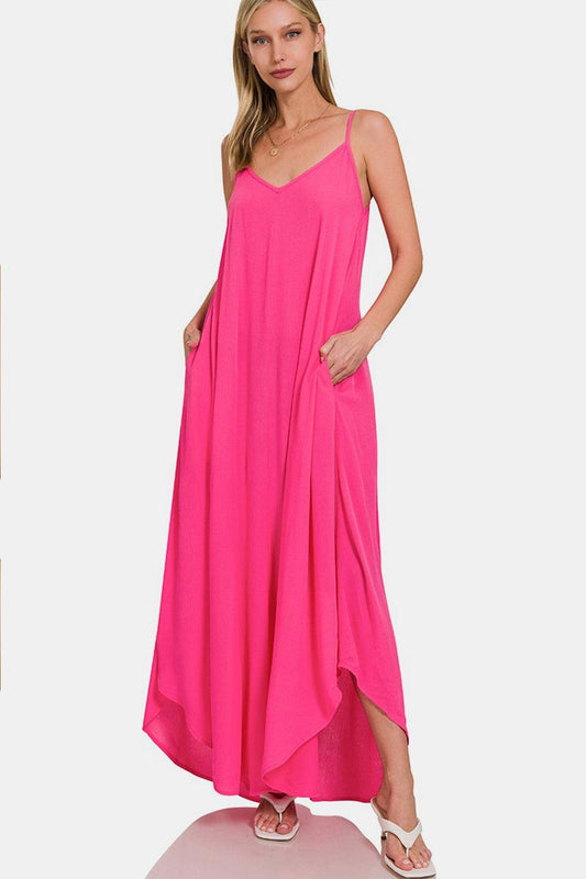 Zenana Cami Maxi Dress with Side Pockets - Olive Ave