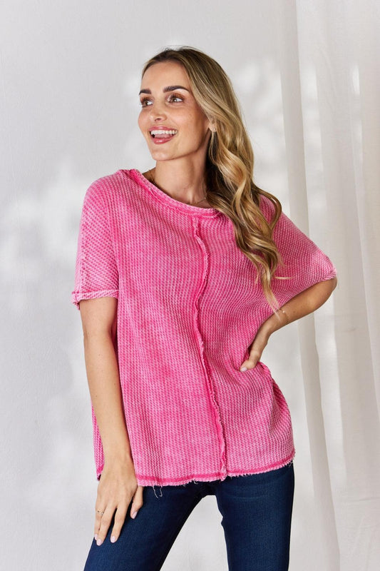 Zenana Oversized Baby Waffle Short Sleeve Top in Fuchsia - Olive Ave