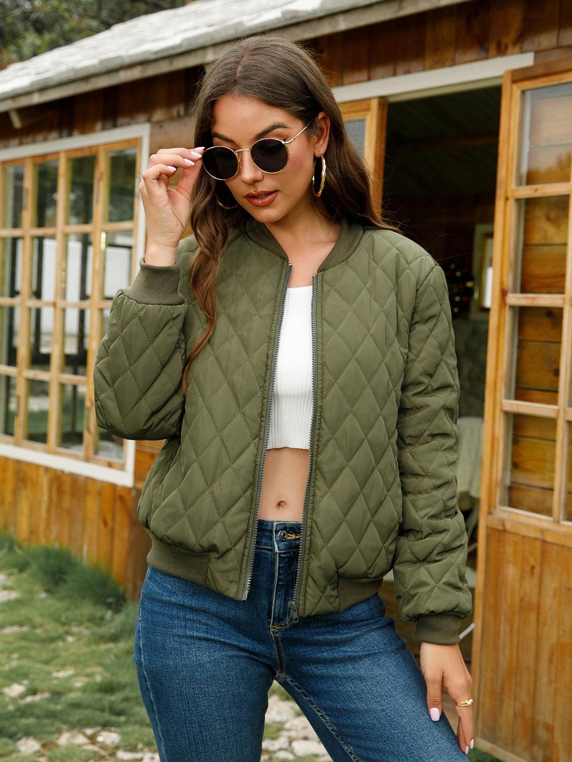 Zip-Up Bomber Jacket - Olive Ave