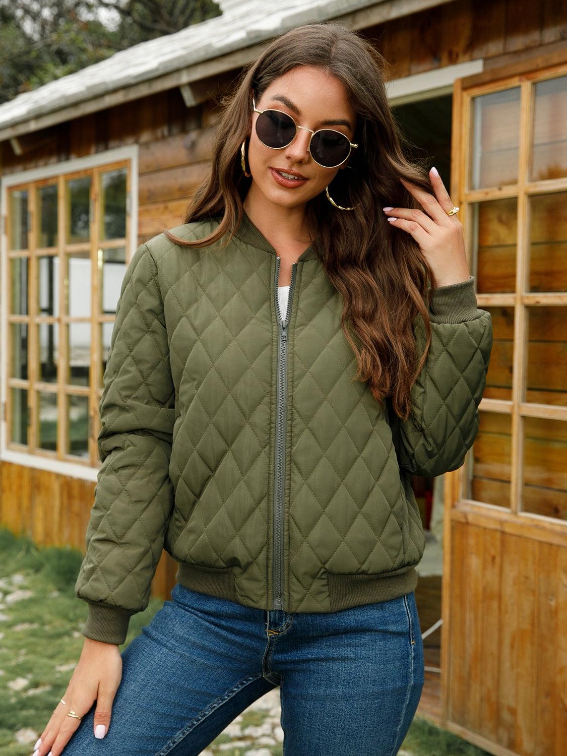 Zip-Up Bomber Jacket - Olive Ave