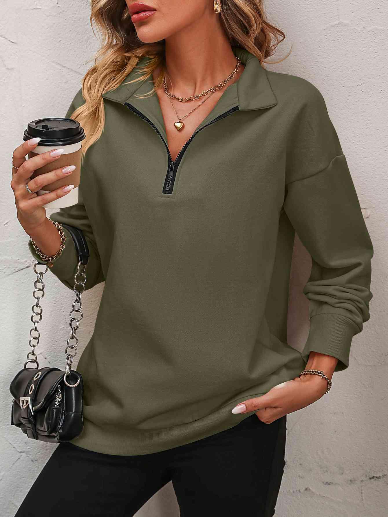 Zip-Up Dropped Shoulder Sweatshirt in 7 colors - Olive Ave