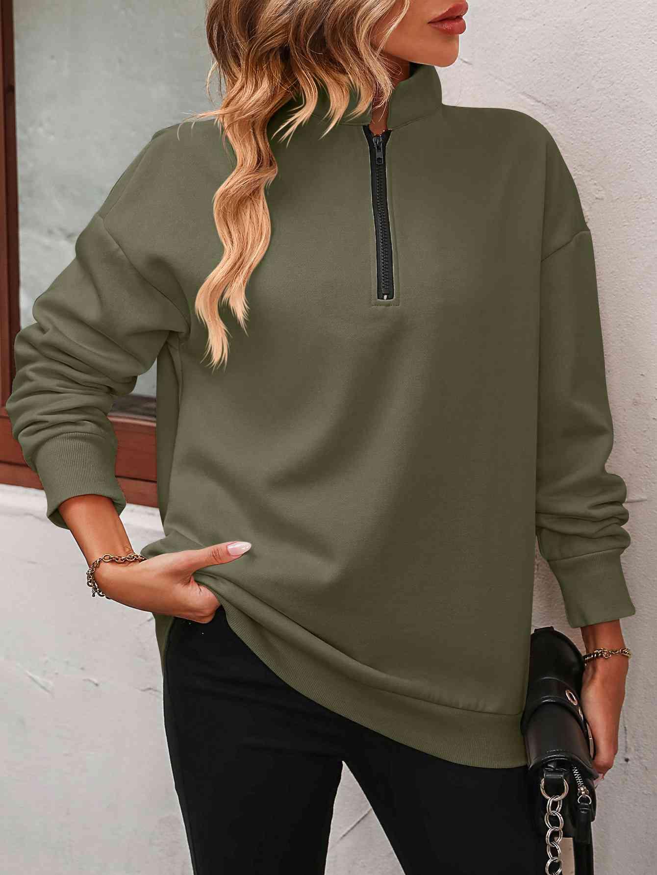 Zip-Up Dropped Shoulder Sweatshirt in 7 colors - Olive Ave