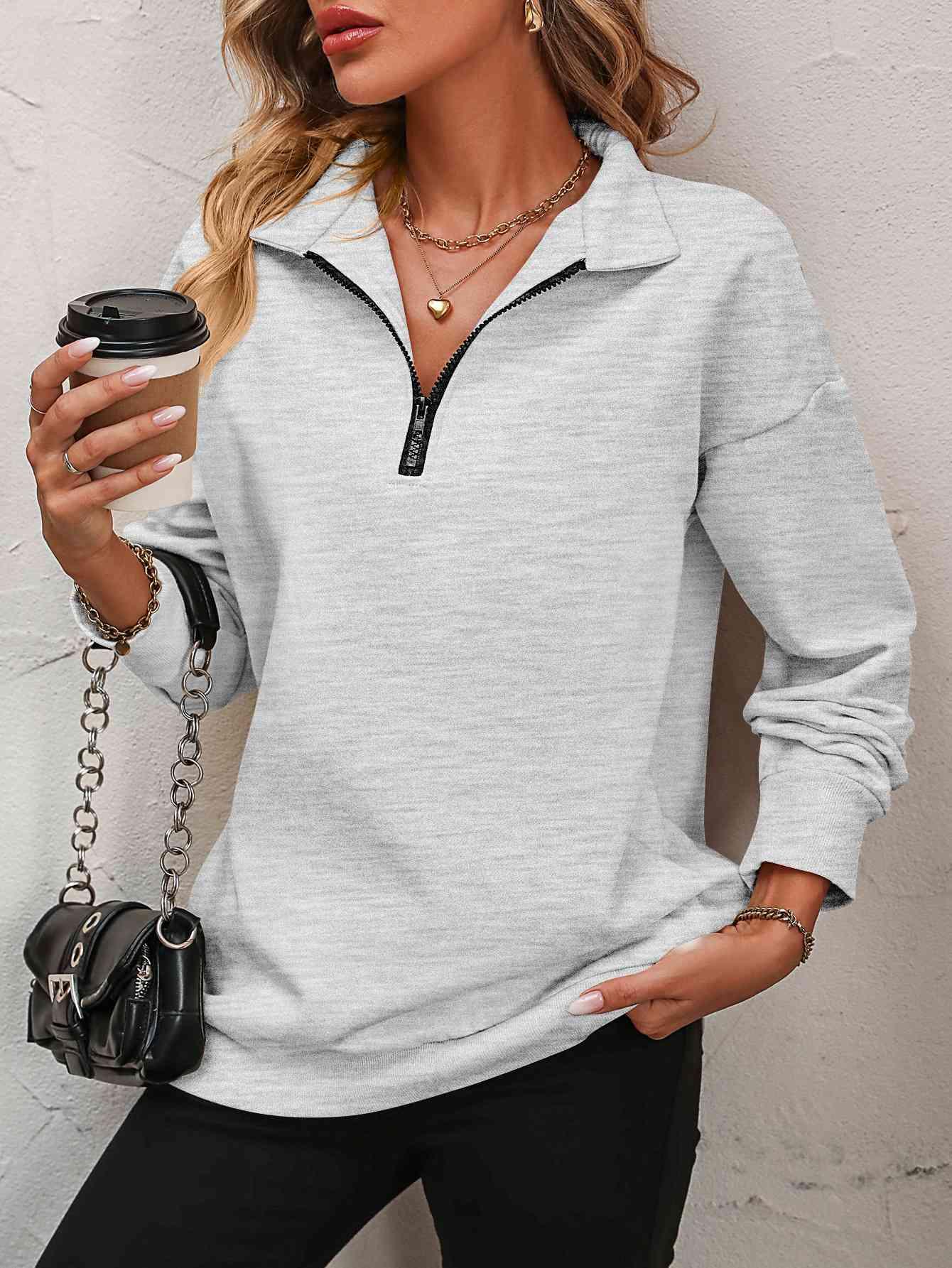 Zip-Up Dropped Shoulder Sweatshirt in 7 colors - Olive Ave