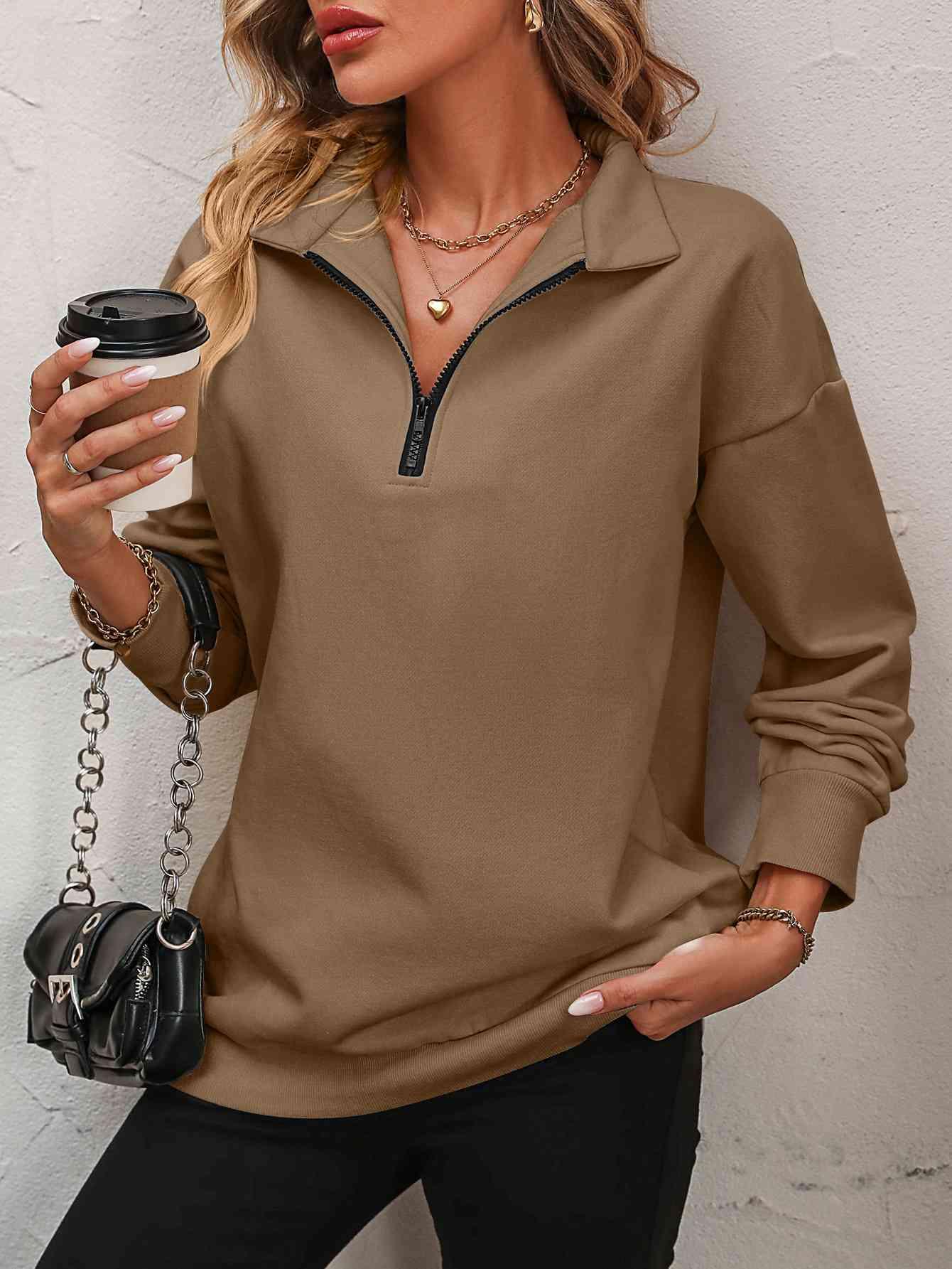 Zip-Up Dropped Shoulder Sweatshirt in 7 colors - Olive Ave